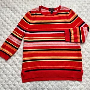 Lands' End 100% Supima Cotton Striped Crewneck 3/4 Sleeve Sweater Red Size MP
